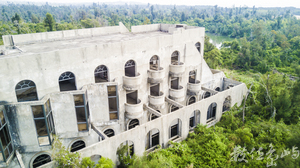 綠色叢林裡的迴旋刀型廢棄旅館