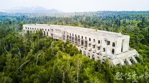 綠色叢林裡的迴旋刀型廢棄旅館