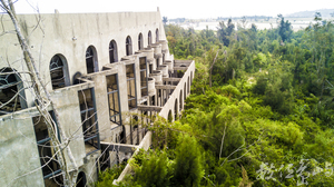 綠色叢林裡的迴旋刀型廢棄旅館