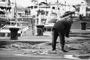 港邊整繩人的背影
